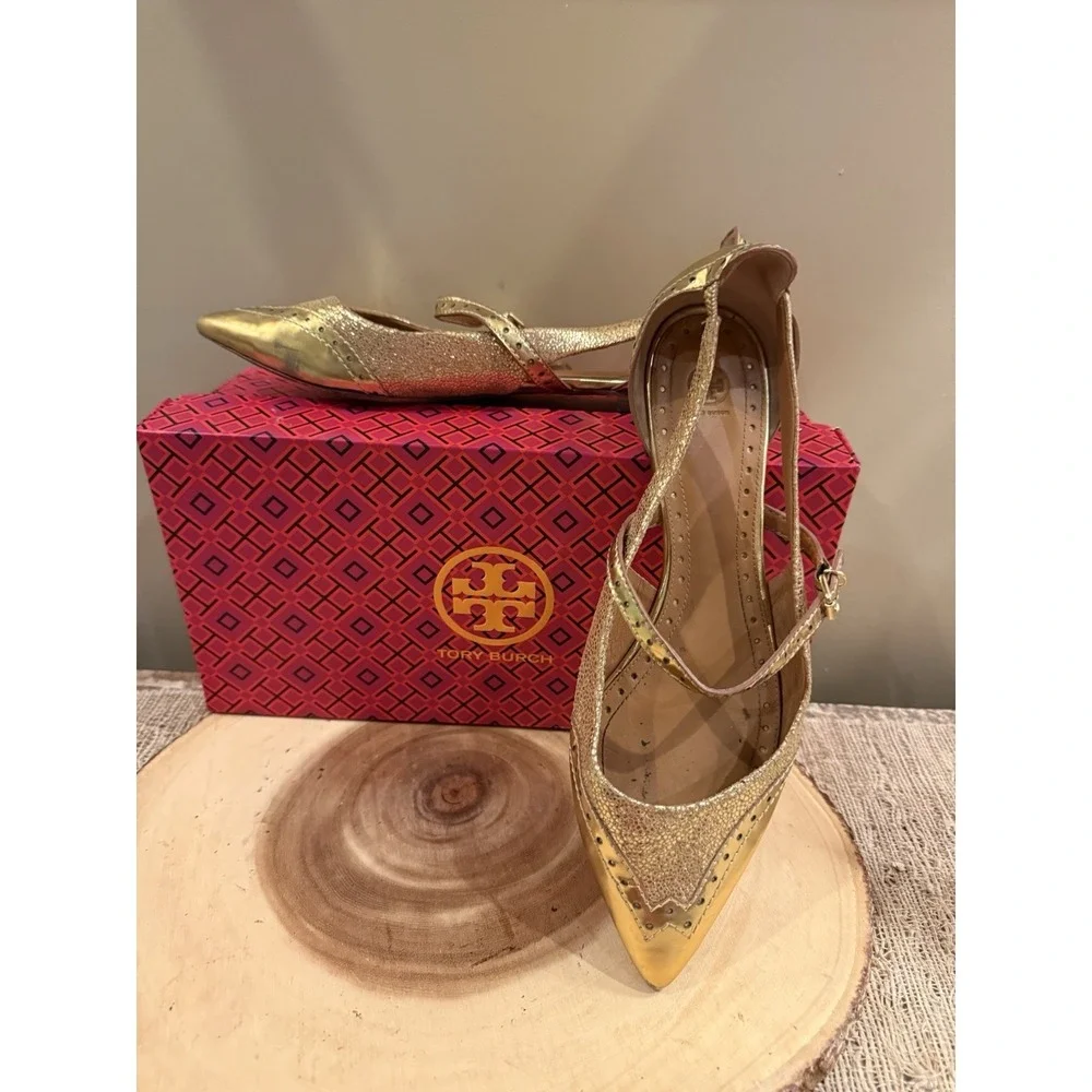 Tory Burch Bernadette 9M metallic Gold leather Mary Jane pointed-toe flats 358$ - Picture 10 of 14